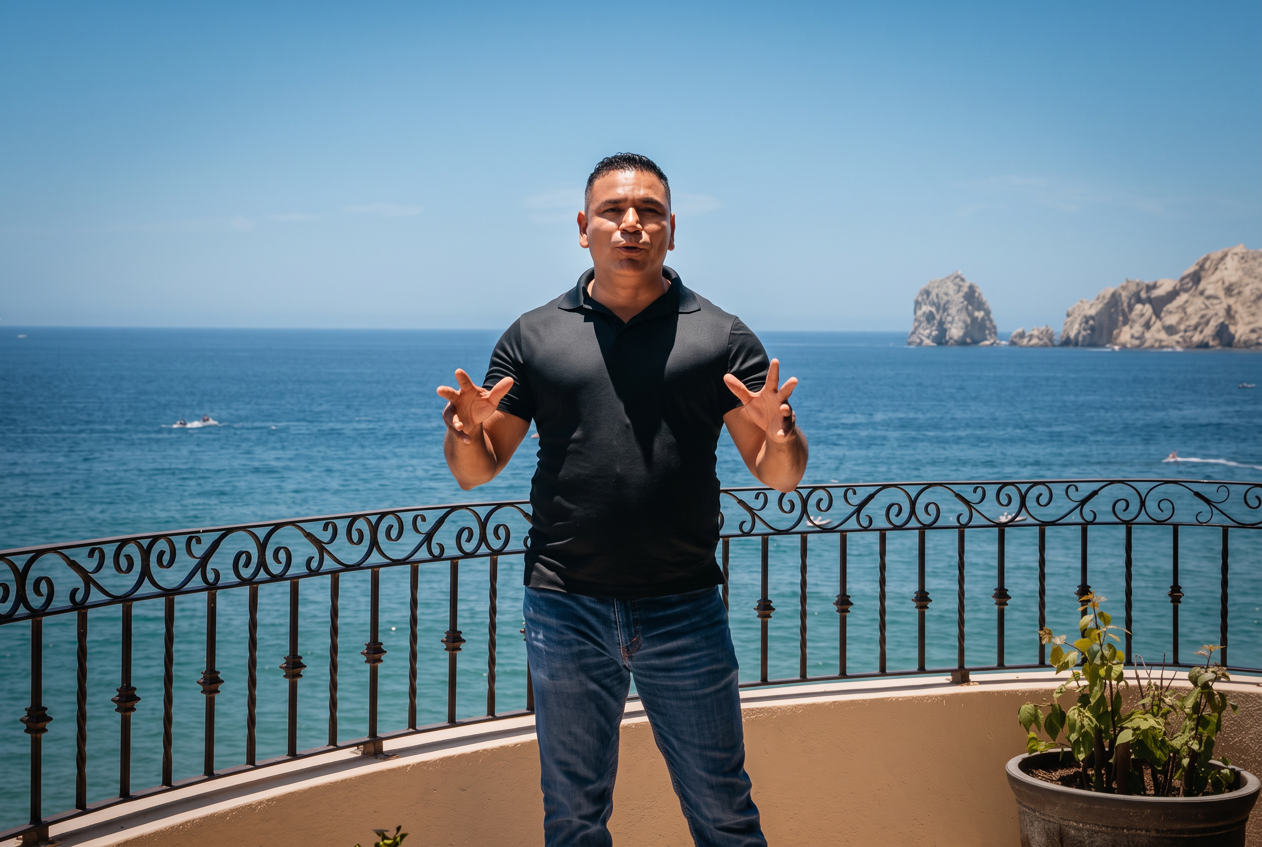 Eduardo Martinez, on-site personal concierge for Villa 3301, on an oceanfront balcony overlooking the Cabo San Lucas Arch