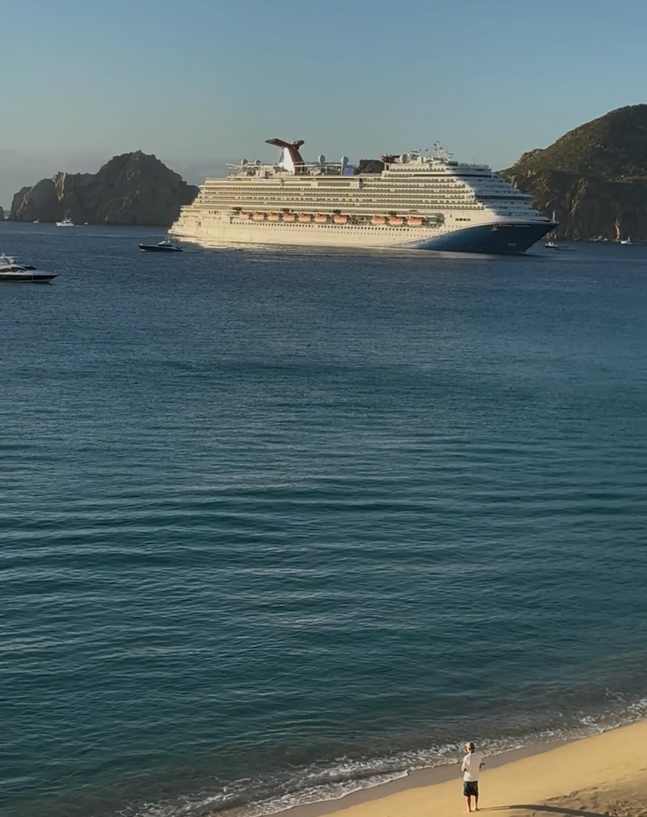 Carnival cruise ship at anchor off Medano Beach seen from the villa balcony at Villa #3301