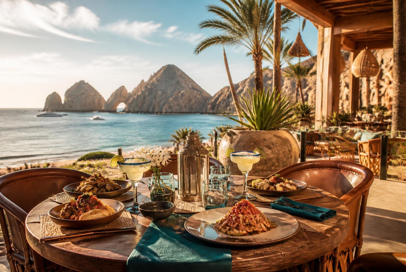 Oceanfront resort dining at Villa La Estancia in Cabo San Lucas at golden hour